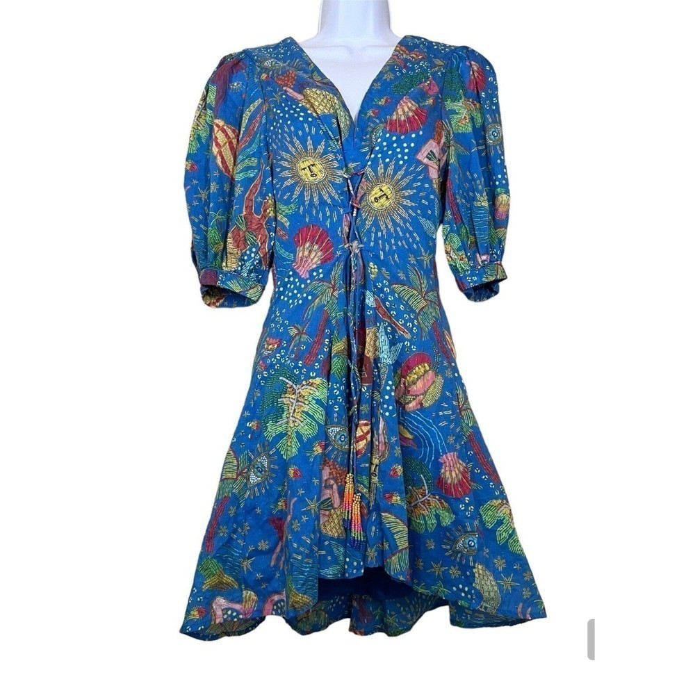 Farm Rio Ocean Stories 3/4 Sleeve Blue Mini Dress Womens Size M NWT